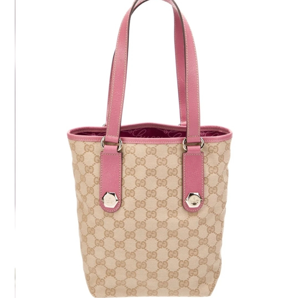 Gucci Pink and Tan Tote with Checkered Pattern and Long Handles